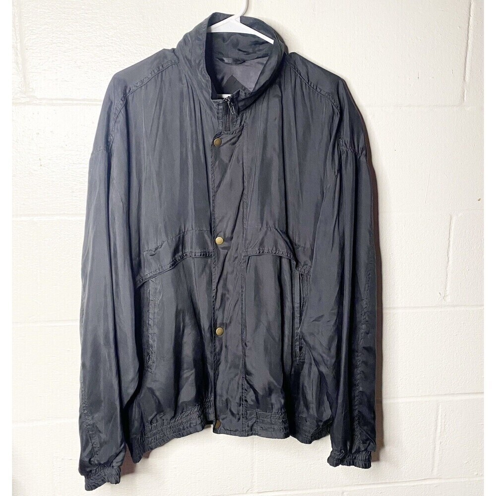 Montage Pour Homme Bomber Jacket 100% Silk Black Size XL Zip Front Vintage 90s